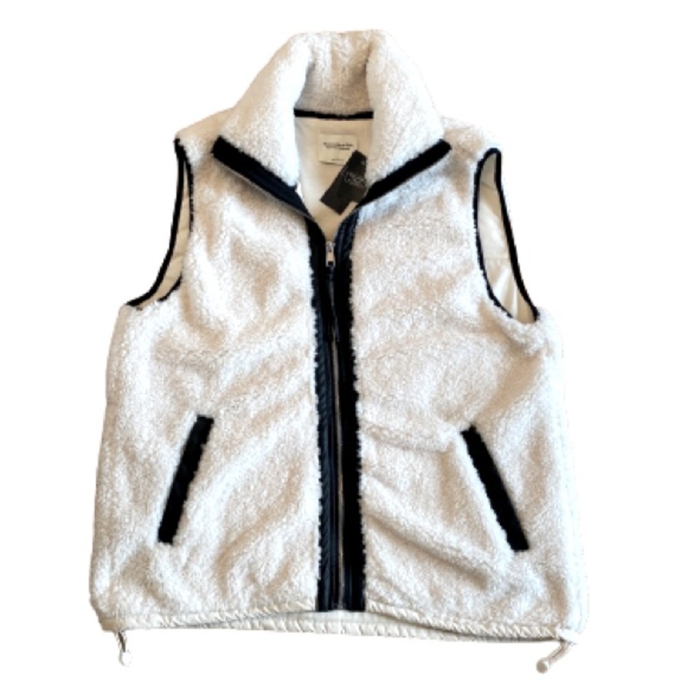 Abercrombie & Fitch White Sherpa Fleece Vest with Black Trim